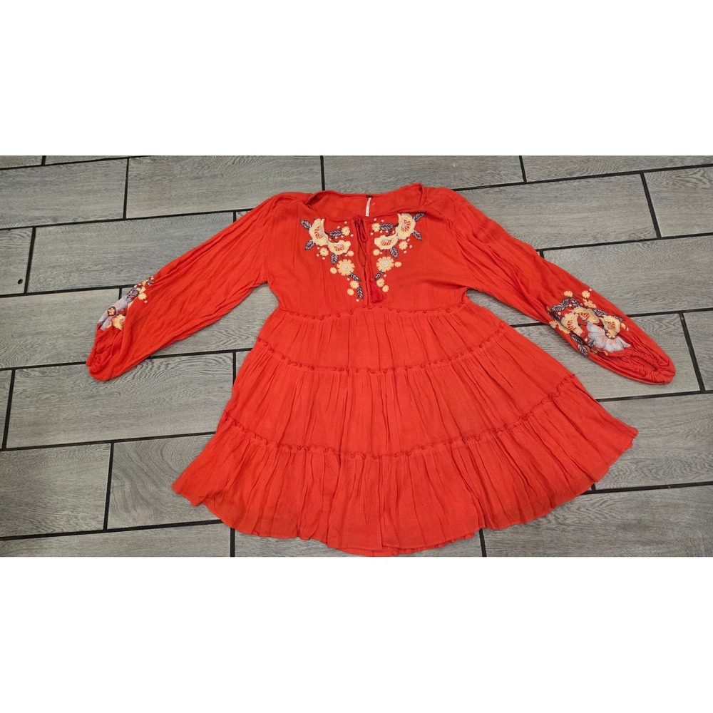 Free People Red Embroidered Boho Tiered Mini Dress Balloon Sleeve XS